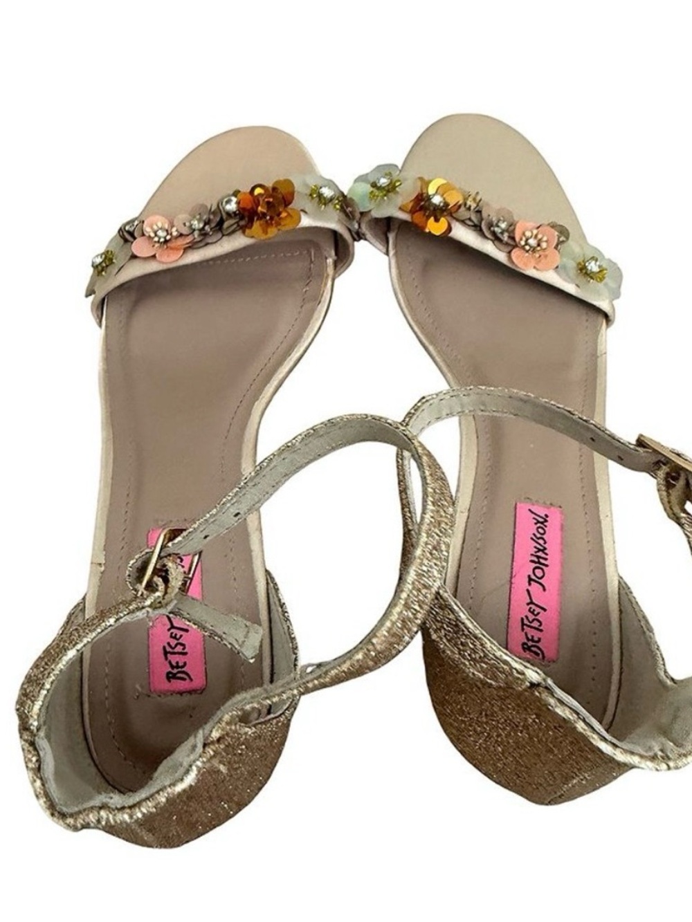 Betsey Johnson Glitter Block Heel Sandal in Rose Gold with Floral Accent - Picture 5 of 5